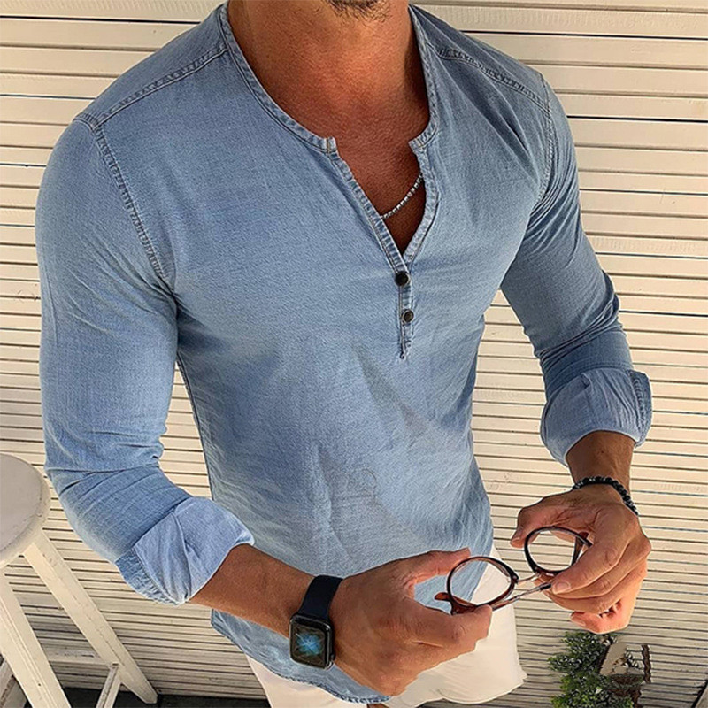 V-neck Light Blue Denim Trendy Slim Long-sleeved T-shirt