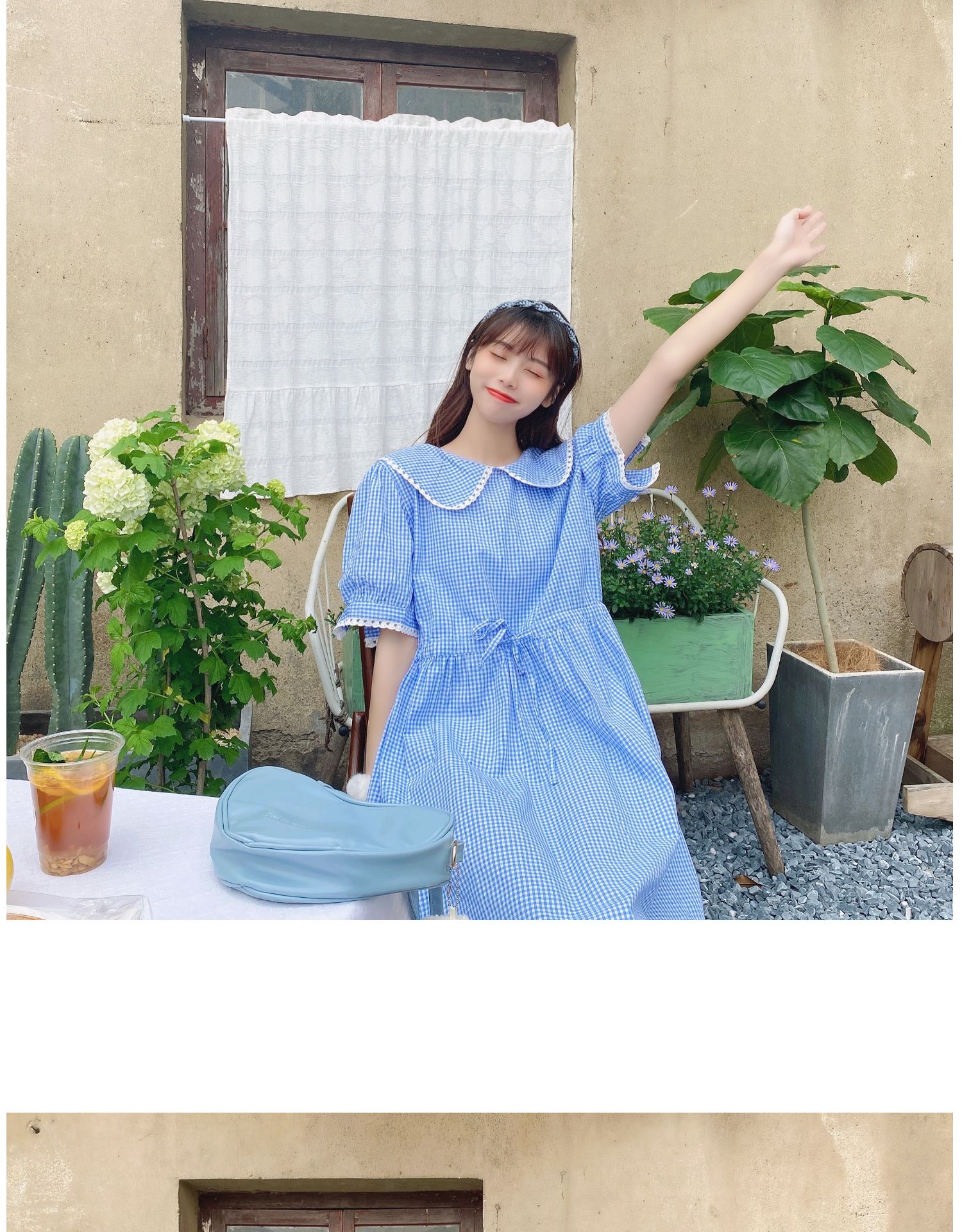 Checked Cut-Out Dress With Short Sleeves