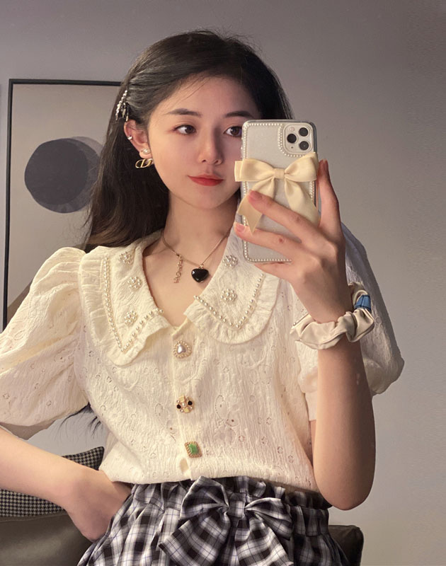 Doll Collar Shirt Female Summer New Design Sense Beaded Puff Sleeve Shirt Sweet And Age-Reducing Loose Top