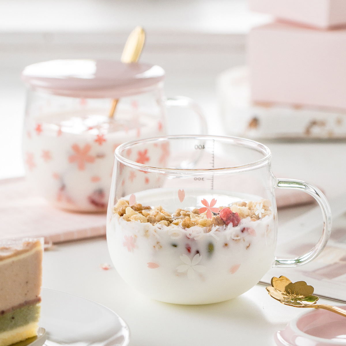 Cute Girly Transparent Round Tea Cup With Cherry Blossom Pattern