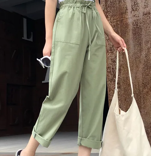 Cotton Cropped Trousers Women Loose Harem Pants casual Pants Thin Section Army Green - Shop at LoveMi