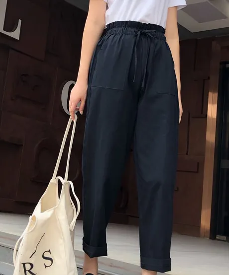 Cotton Cropped Trousers Women Loose Harem Pants casual Pants Thin Section Black - Shop at LoveMi