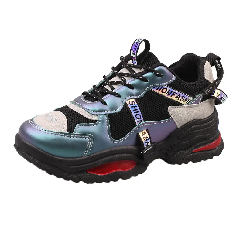 Cross-Border 42 Large Size Women'S Shoes Autumn New Mesh Fabric Color Matching Old Shoes Student Platform Casual Sports Shoes Trend - Black