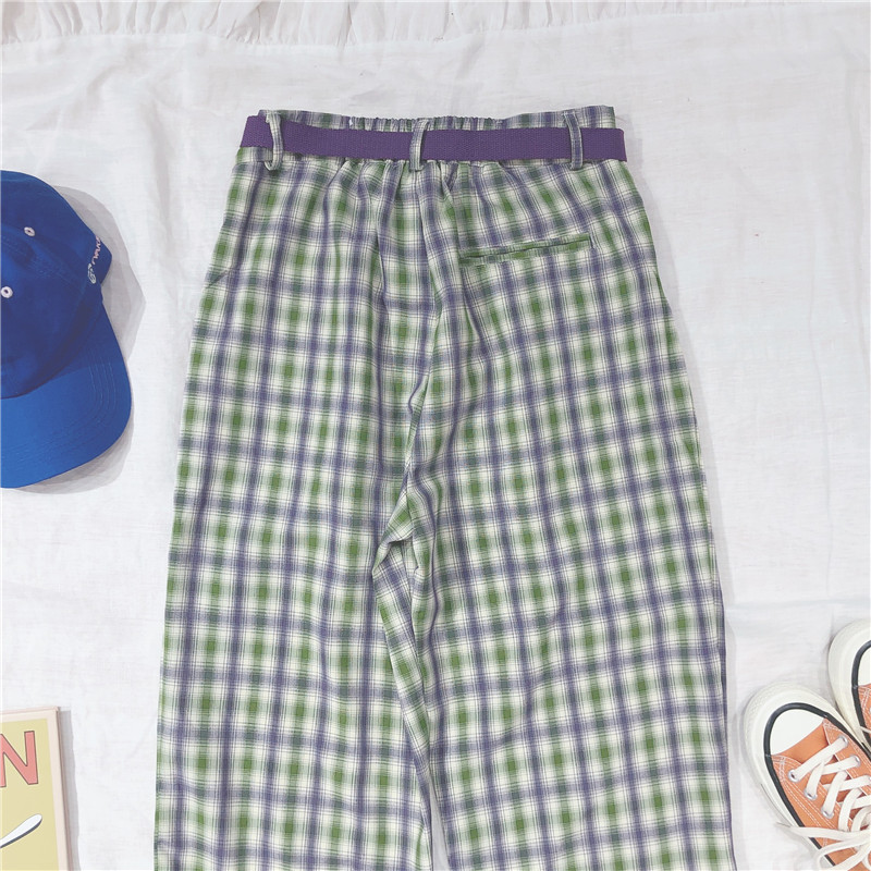 Japanese Mori Women'S Retro Plaid Elastic Waist Lace-Up Casual Straight Pants