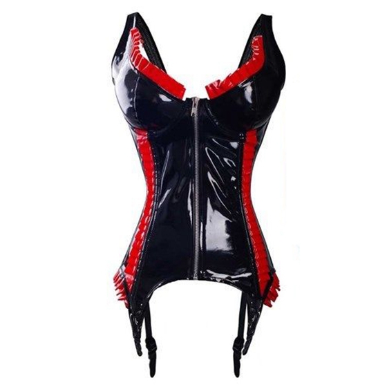 Sexy Black Red Ruffles PVC Latex Corset Panty Thong Set New