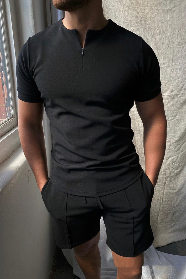 Simple Solid Color Zipper Short Sleeve Men's T-shirt