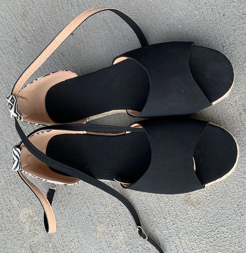 Wedge Heel Platform Woven Espadrilles Sandals - Black