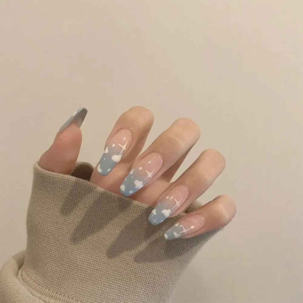 Gray Blue Cotton Cloud Wearing Nail Finished Soft Fake