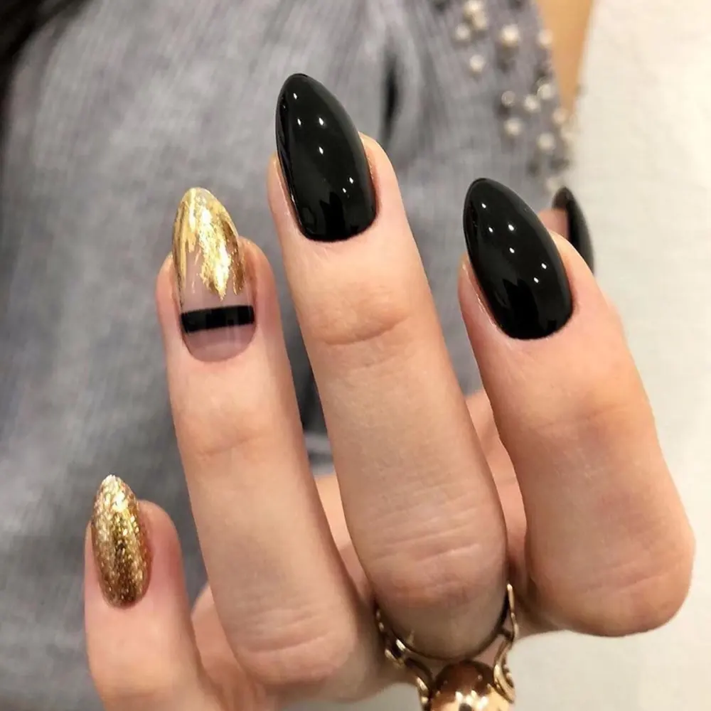 Black Gold Glitter Pointed Wear Nail Art Finished Fake