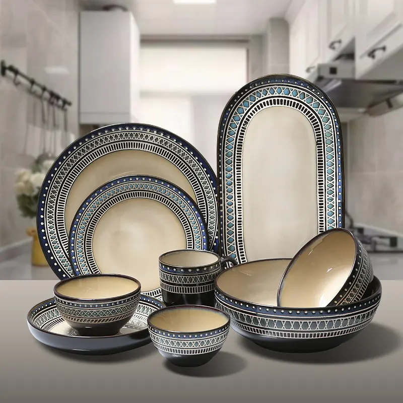 European Ceramic Tableware Set Relief Steak Plate Salad Bowl
