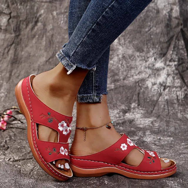 Women'S Plus Size Flower Open Toe T Shaped Wedge Sandals And Slippers Wine - Shop at LoveMi