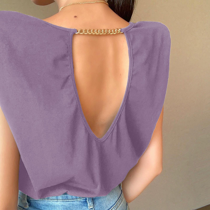 Shoulder Chain Back T-Shirt Women Europe And America Spring And Summer Leisure Comfort Elegant Fashion Loose Top