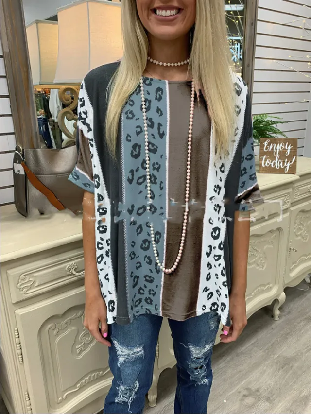 Turtleneck Round Neck Loose Leopard Print Short Sleeves Khaki - Shop at LoveMi