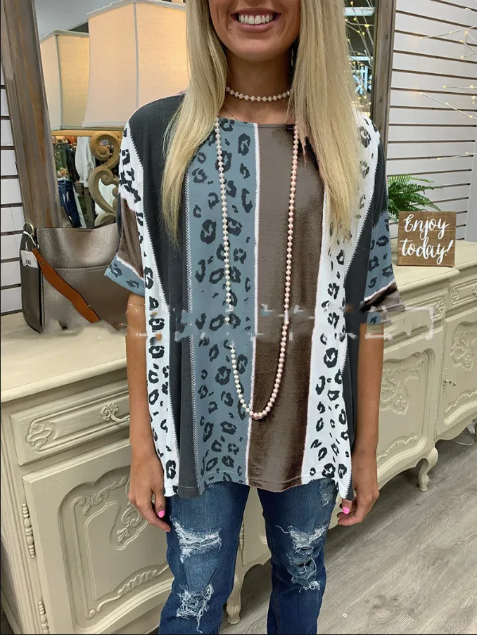 Turtleneck Round Neck Loose Leopard Print Short Sleeves - Khaki