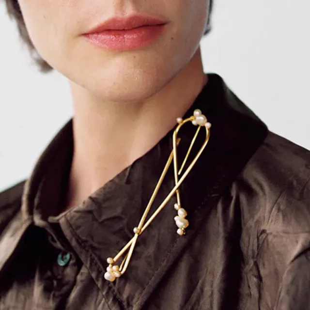 Irregular Pearl Metal Brooch Geometric Long Style Gold - Shop at LoveMi