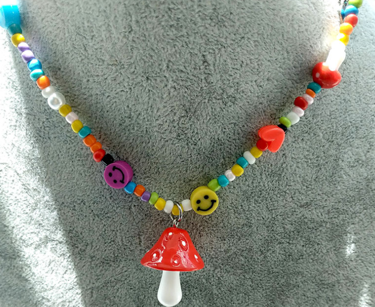 Net Red Popular Jewelry Rice Bead Necklace Hip Hop Dice Smiling Face Clavicle Chain Female Mushroom Rainbow Pendant Cross Border Jewelry