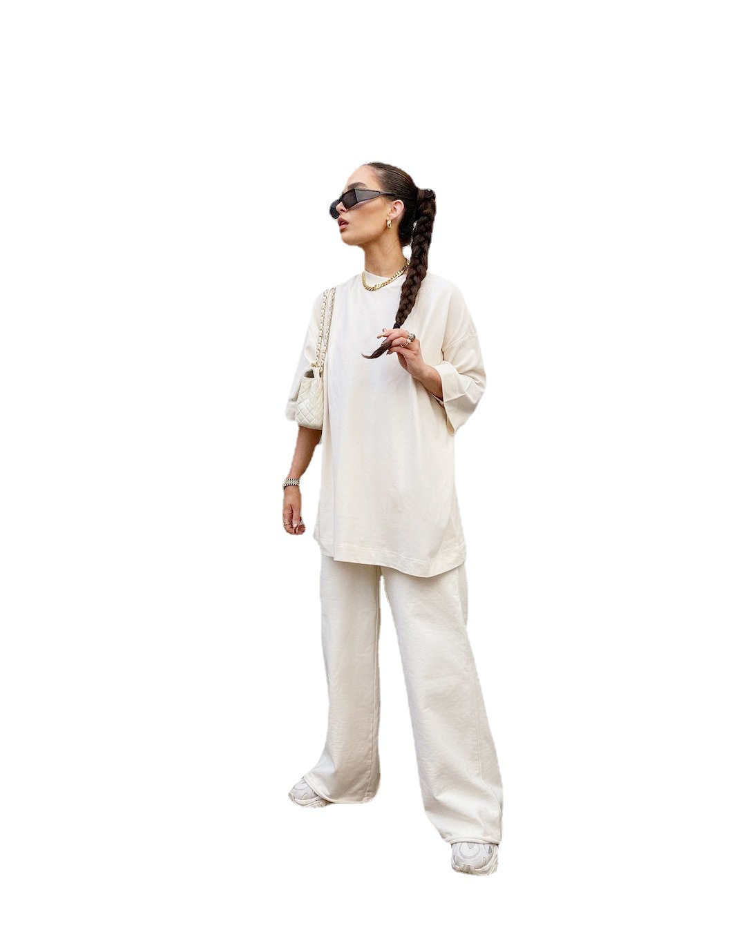 Mid-sleeve wide-leg pants solid color two-piece suit