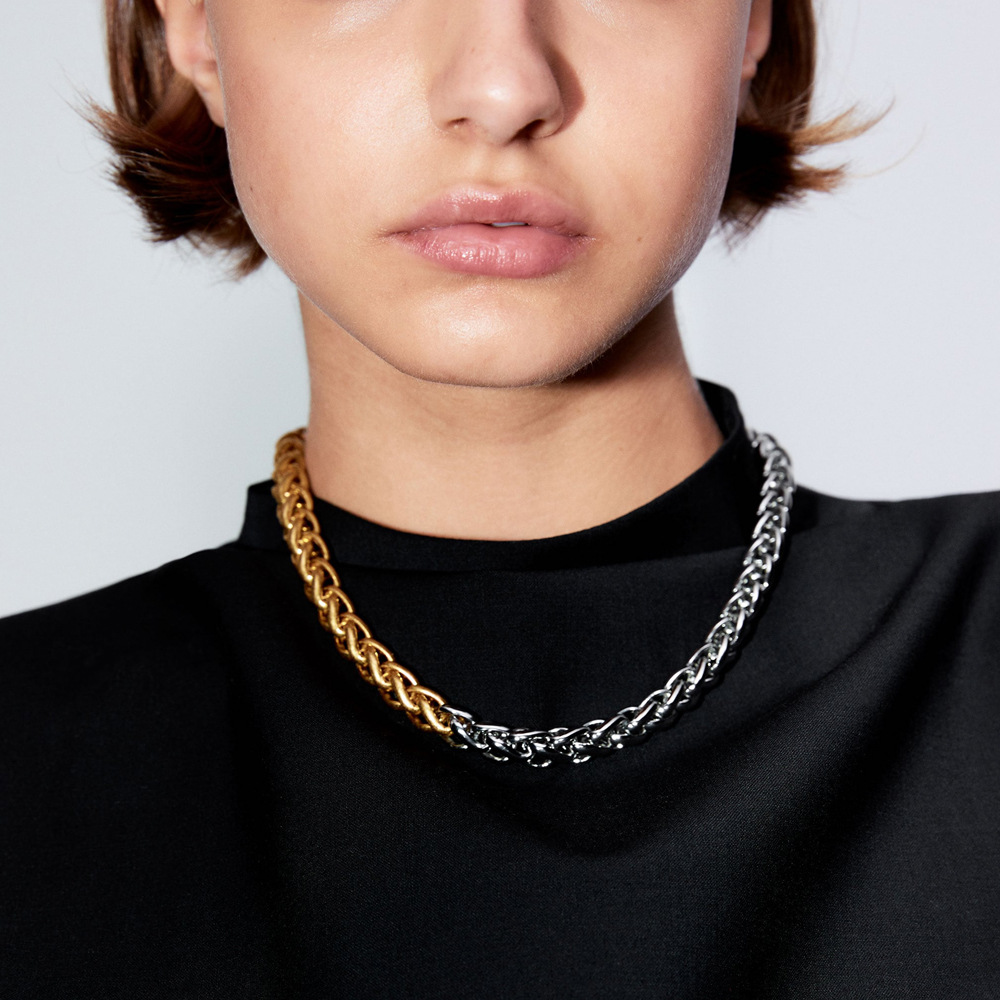 Exaggerated Two-Color Stitching Metal Chain Necklace  Snake Bone Chain