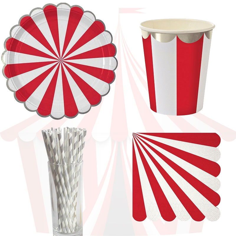 Circus paper disposable tableware red striped plates cups