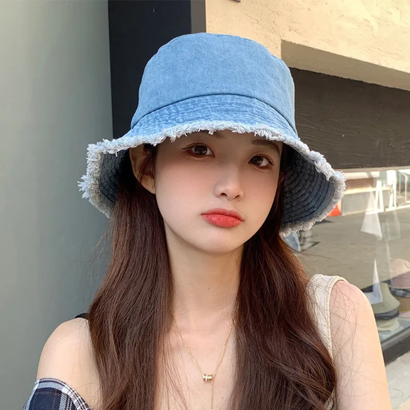 Old Washed Denim Fisherman Hat Women Casual Fashion All-match - Light Blue