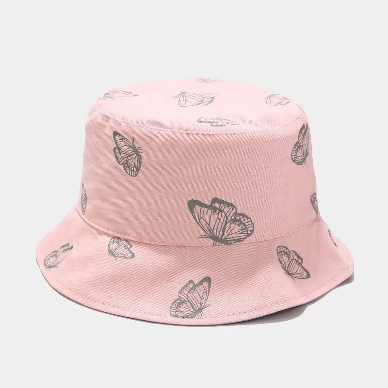 Summer Street Double-Sided Butterfly Fisherman Hat Korean Outdoor Sun Hat - Pink Gray Butterfly