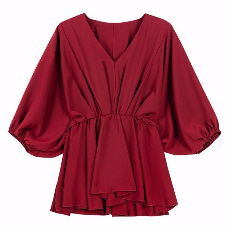 French V-neck Waist Red Chiffon Shirt Top