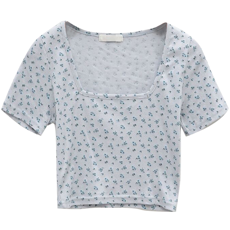 Small Square Neck Short-sleeved Top Women's Small Floral T-shirt