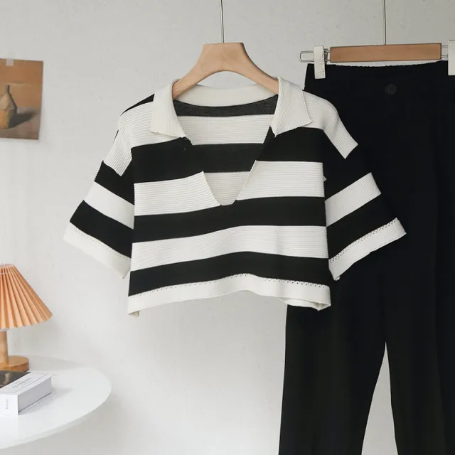 College Style New Product Contrast Striped Short Sleeved Pullover Knit Top Black - Shop at LoveMi