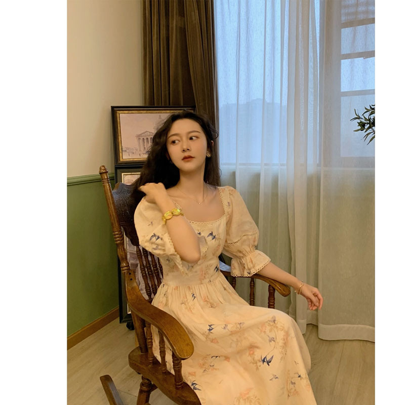 Two-style Cotton And Linen Printed Palace Style Princess Sleeve Waist Dress