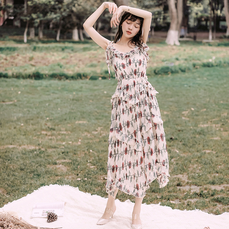 Irregular Dress With Printed Suspenders