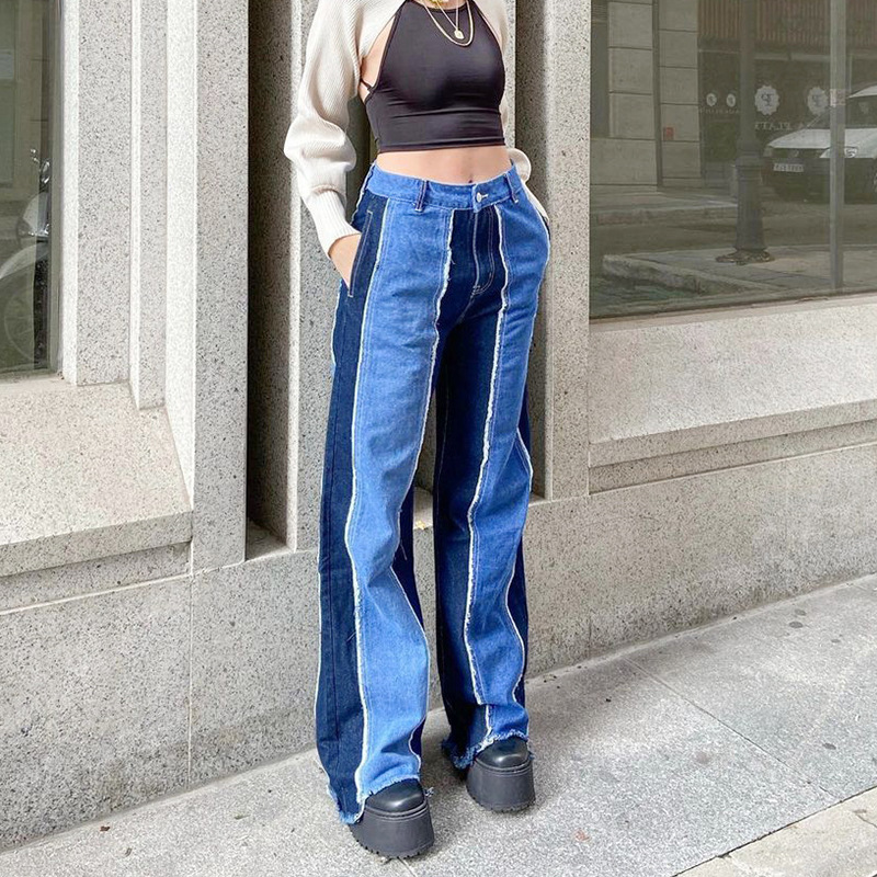 Fashion Stitching Contrast Color High Waist Slim Straight-leg Pants Casual Jeans