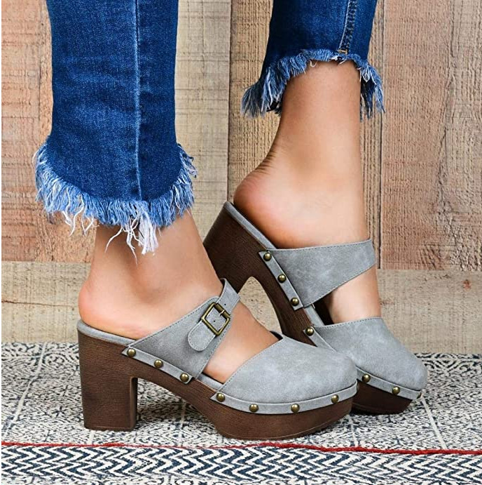 Baotou Backspace Thick Heel Simple Wild Lazy Lady Sandals And Slippers Single Shoes Grey - Shop at LoveMi