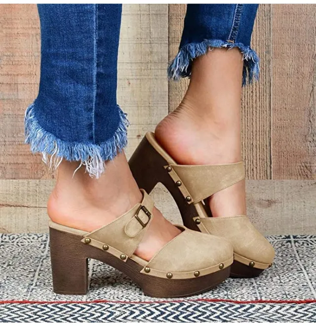Baotou Backspace Thick Heel Simple Wild Lazy Lady Sandals And Slippers Single Shoes Khaki - Shop at LoveMi