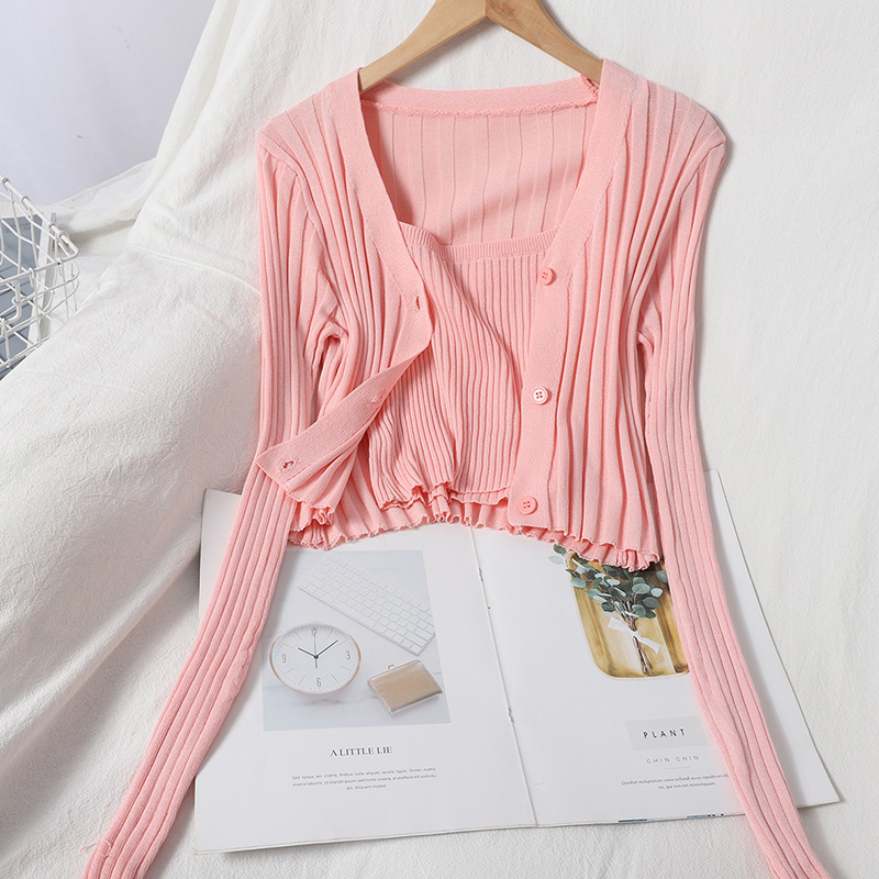 Sweet Cardigan Wth Collar And Pit Strip Over Coat   Self-cultivation Threaded Base Sling Two-piece Sweater