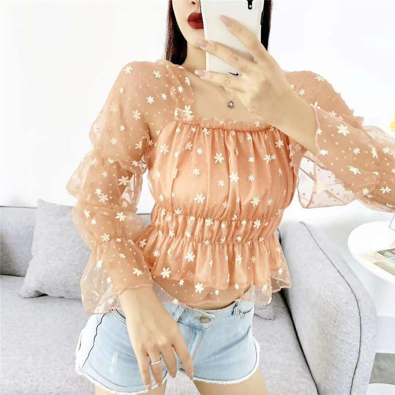 New Trendy Square Neck Bubble Long-Sleeved Net Yarn Bottoming Shirt