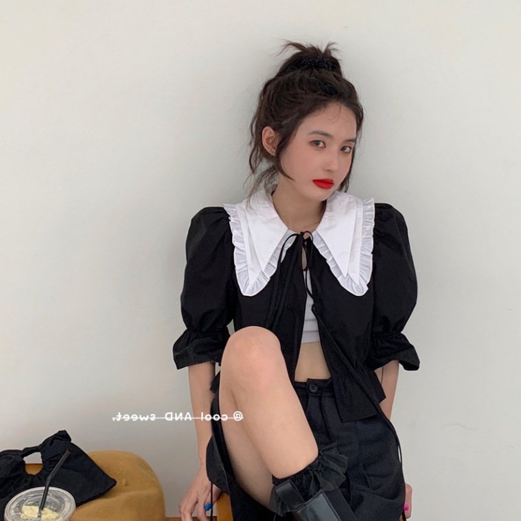 French Retro Doll Collar Shirt New Summer Female Puff Sleeve Design Niche Shirt Short Sleeve Top
