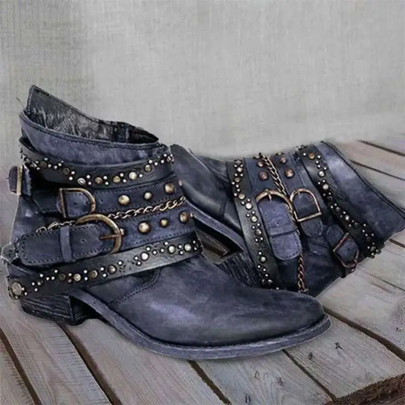 Autumn And Winter Thick Heel Large Size Belt Short Tube Martin Boots - Blue