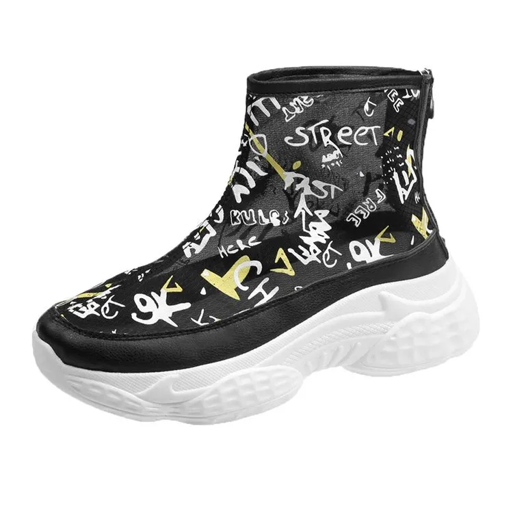 High-top Flat Shoes Hand Drawn Doodle Women's Shoes - Black