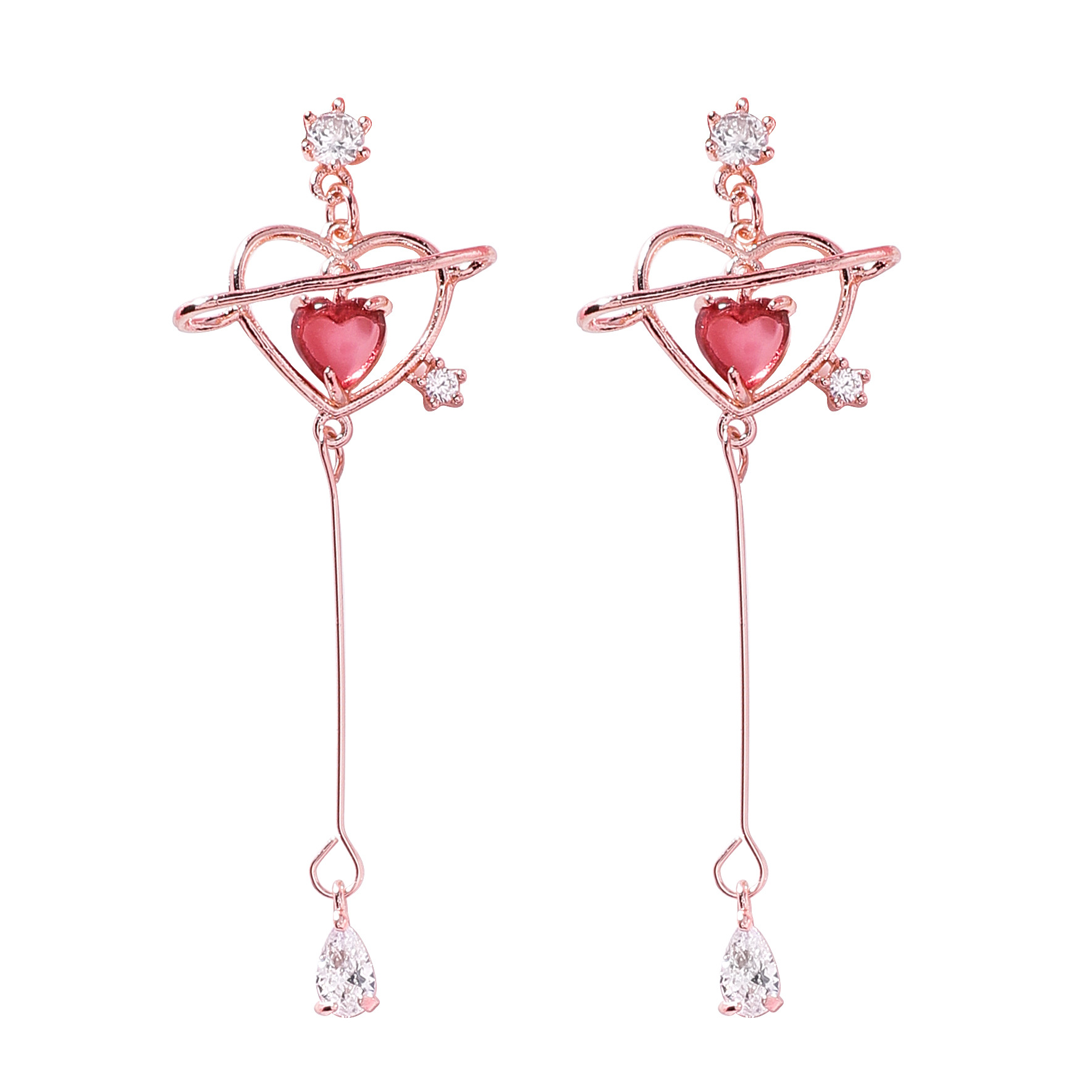 925 Silver Needle Korean Girls Pop Heart Zircon Drop Earrings