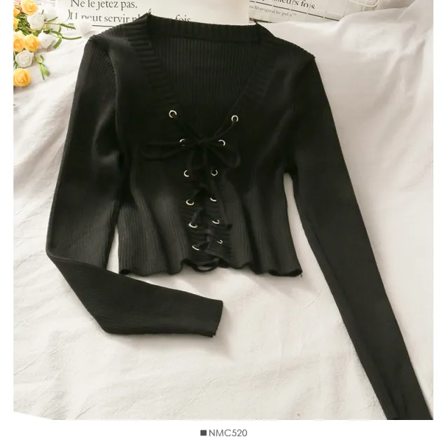 Slim fit Rope Tie V neck Long sleeved knit Sweater Tops Women's Color Versatile Pumping Slimming Shirt Black - Shop at LoveMi