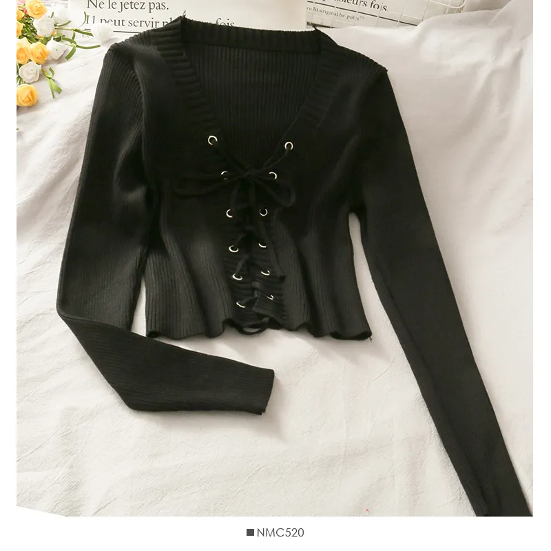 Slim-fit Rope Tie V-neck Long-sleeved knit Sweater Tops Women's Color Versatile Pumping Slimming Shirt - Black