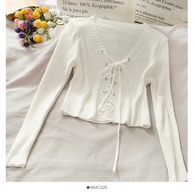 Slim fit Rope Tie V neck Long sleeved knit Sweater Tops Women's Color Versatile Pumping Slimming Shirt White - Shop at LoveMi