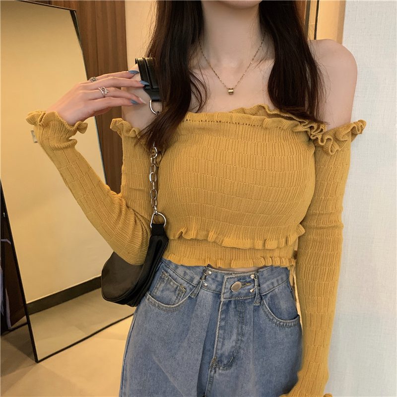 One-Shoulder Blouse Women'S New Korean Style Cross Design Sense Lace Hot Girl Bottoming Sweater