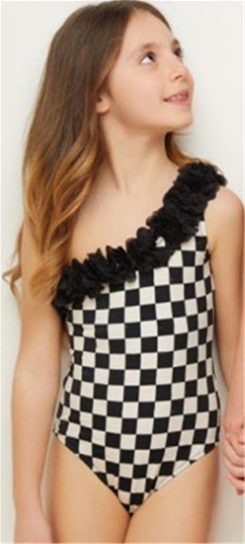 One-piece Parent-child Bikini Ladies Plaid Oblique Shoulder One-shoulder Swimsuit