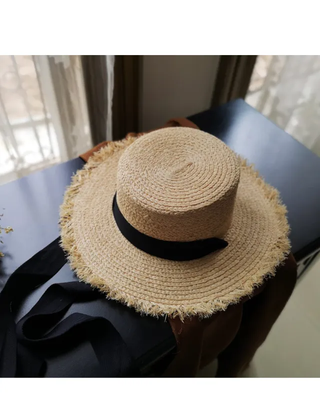 Raw Raffia Hat Bowknot Beach Hepburn Sun Hat Holiday Black - Shop at LoveMi