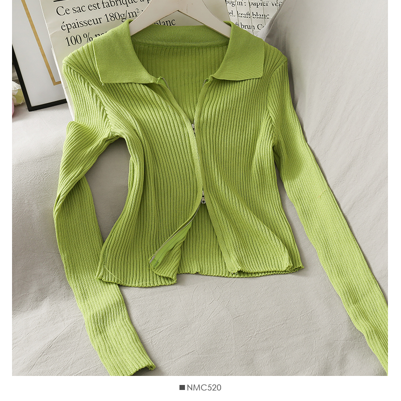 Personalized Double-Headed Zipper Tight-Fitting Vertical Stripes Long-Sleeved Knitted Cardigan Jacket Women Slim Slimming Short Knitted Jacket