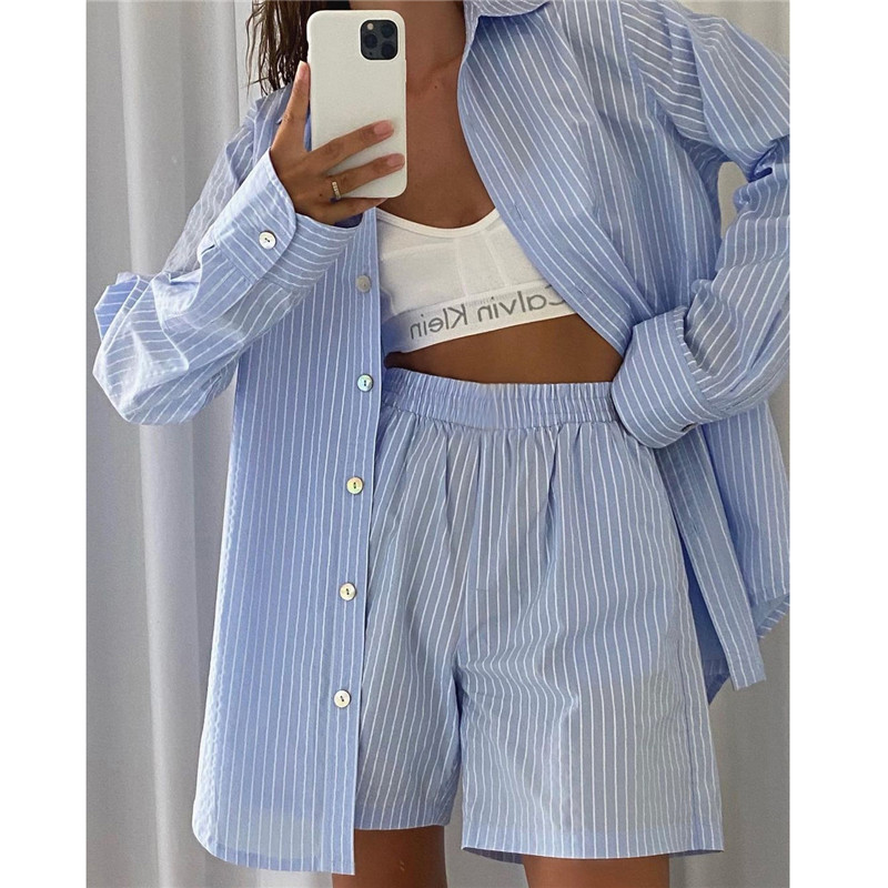 Striped Loose Shirt Shorts With Pockets Fashion Casual Suit