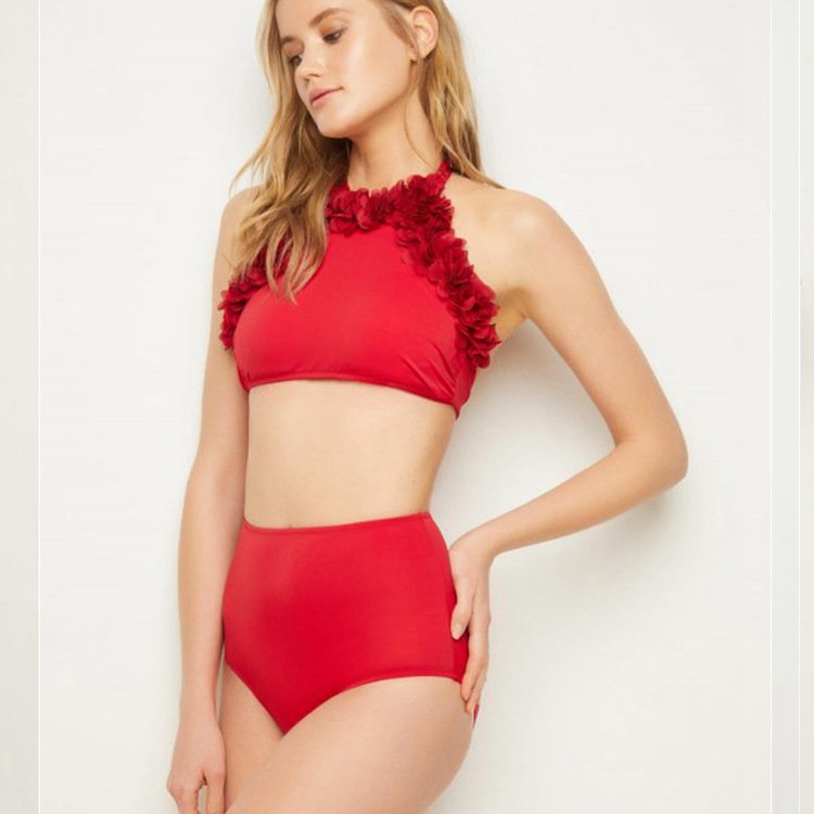 European And American New Sexy Parent-Child Swimwear Stitched Flower Triangle Bikini Split Swimsuit Solid Color High Waist Swimsuit