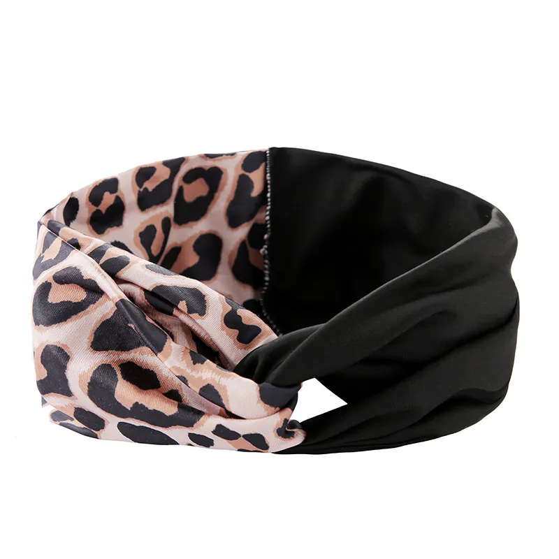European And American New Women'S Sports Yoga Hairband Fashion Cross Headband Solid Color High Elastic Sports Headdress - Leopard To Black