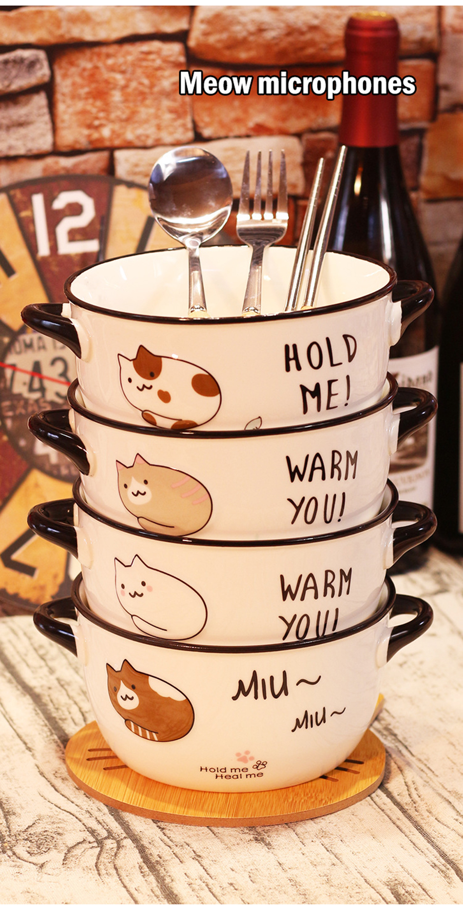 Kawaii Japanese Cat Bowl High Capacity Spoon with Lid Ceramics Instant Noodle Bowl Young Girl Dorm Room Student Office Bowls Mug